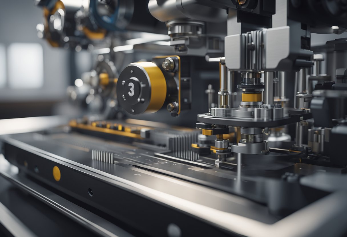 A precision measuring device captures dimensions of an intricate mechanical part with digital readouts and laser technology