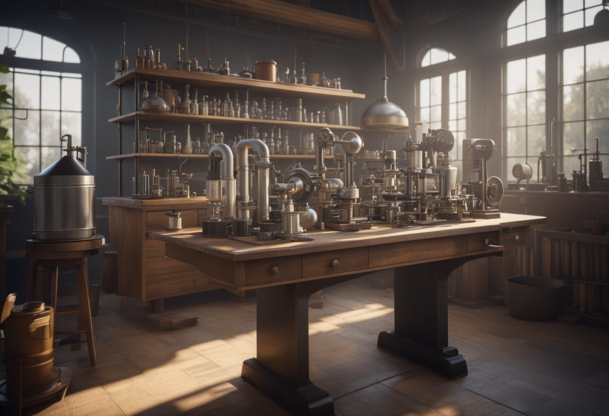 A vintage laboratory with antique equipment and precision instruments, including an autocollimator, arranged on a wooden workbench