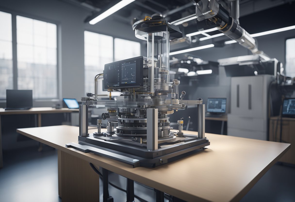 A modern autocollimator sits on a laboratory table, with a precise optical system and digital display. The device is connected to a computer for data processing