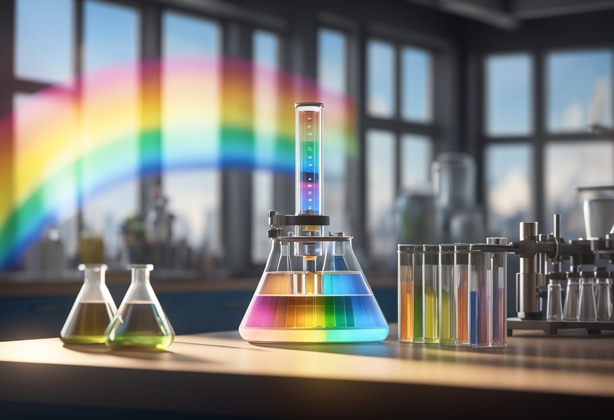 A refractometer sits on a lab bench, surrounded by vials and beakers. The light from a nearby window casts a rainbow of colors through the glass prism