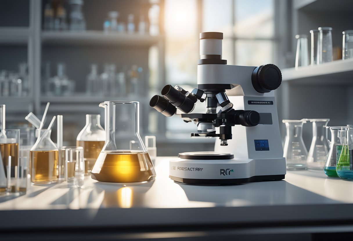 A refractometer sits on a clean laboratory bench, surrounded by scientific equipment and glassware. A beam of light passes through the refractometer's lens, demonstrating the principles of refractometry