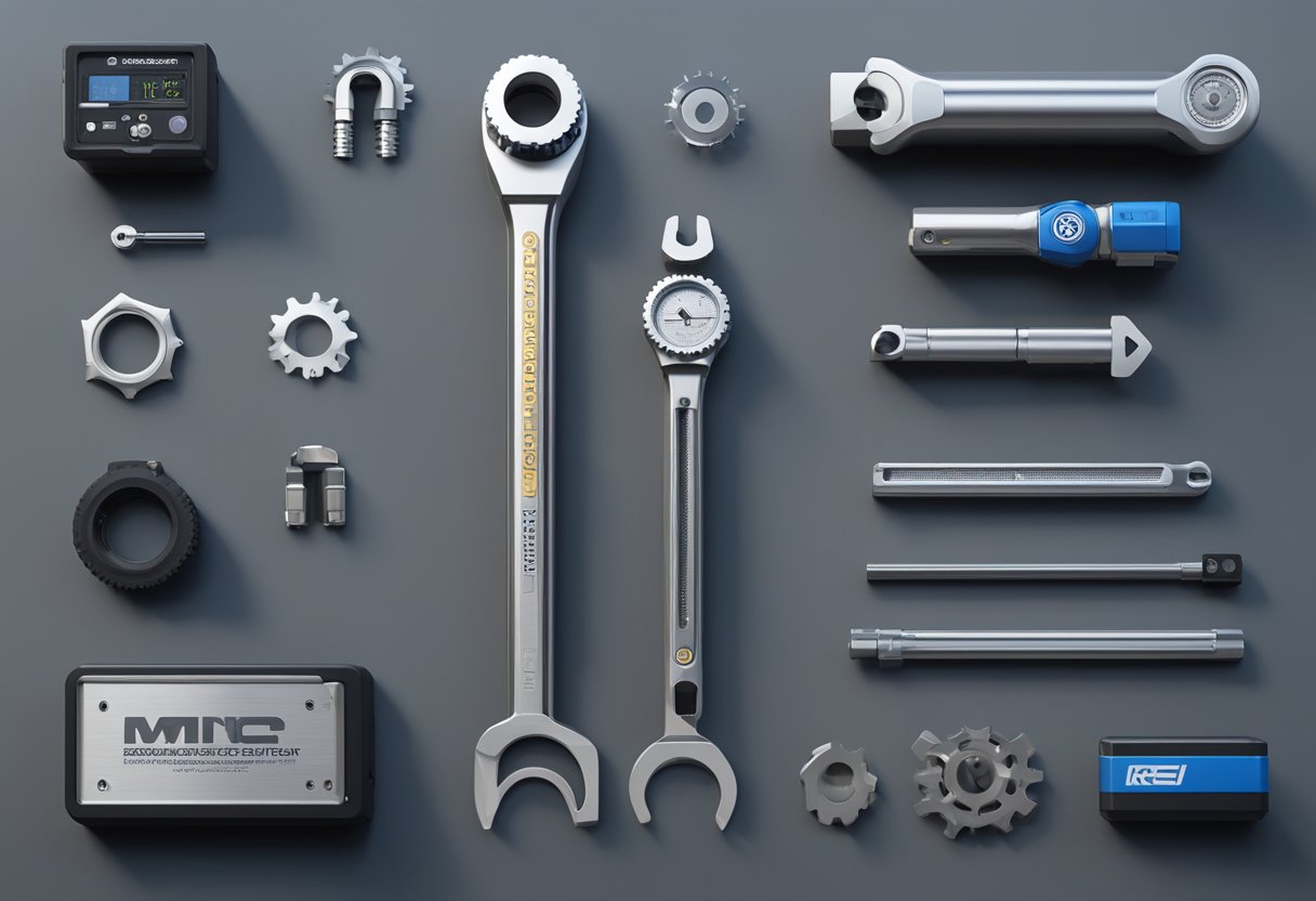 A torque wrench tester surrounded by various standards and certification symbols and logos