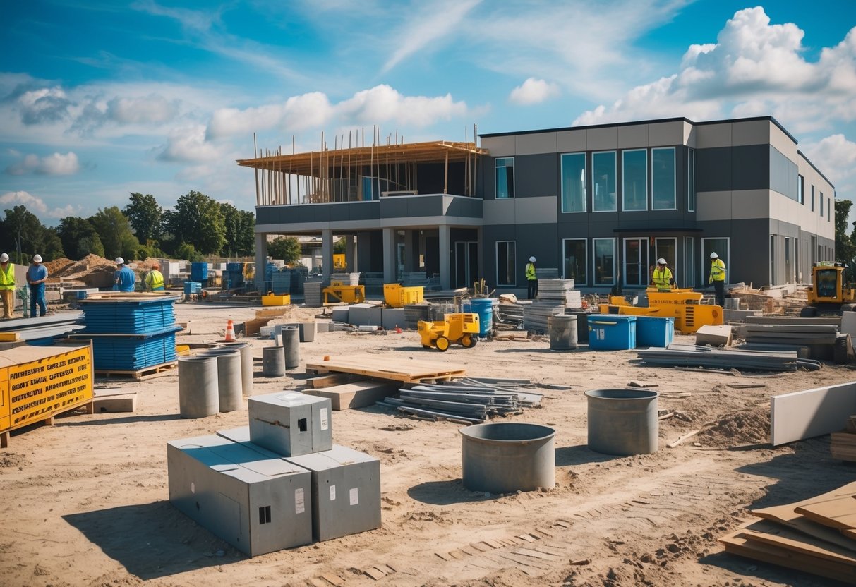 A construction site with various building materials and equipment scattered around. The scene is busy and bustling with activity