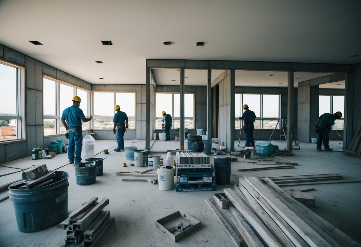 A construction site with various building materials and equipment scattered around, with workers busy completing the finishing touches on the building's interior