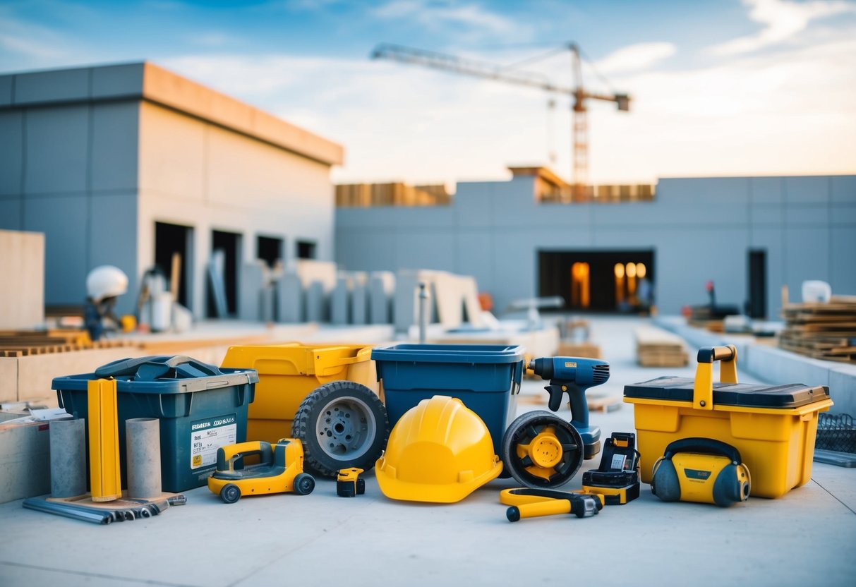 A construction site with various building materials and equipment, including tools and machinery, organized in a second-stage building area