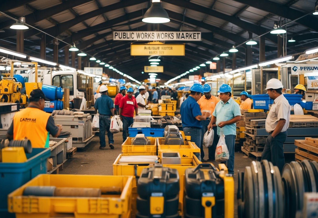 A bustling public works market with various construction materials and equipment on display. Vibrant activity and interaction among vendors and buyers