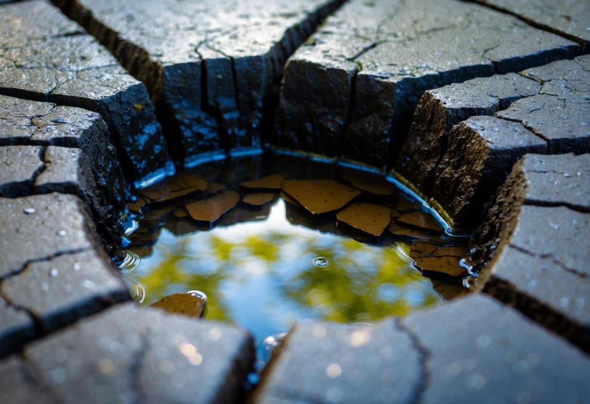 Water seeping through cracked ground, forming a small pool. Roots and rocks visible beneath the surface