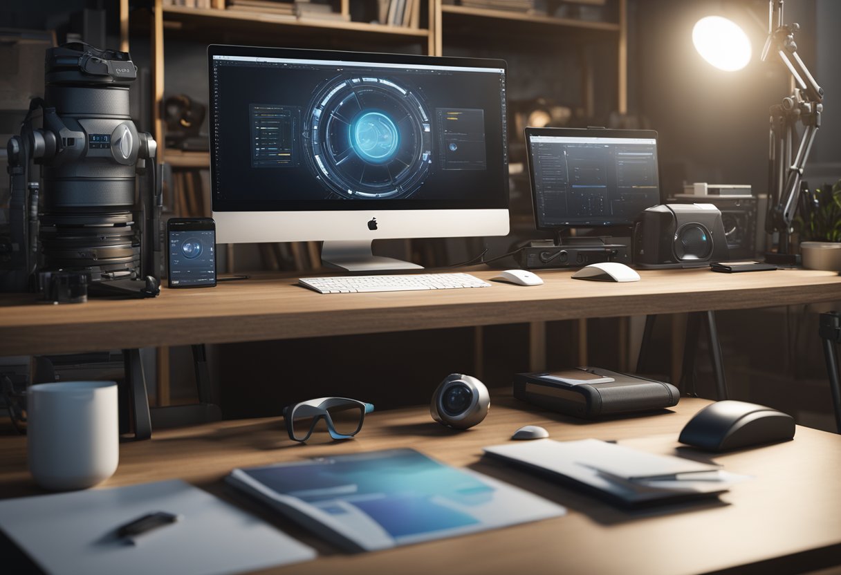 A computer with the MeasureMind3D software installed on a desk, surrounded by various tools and equipment