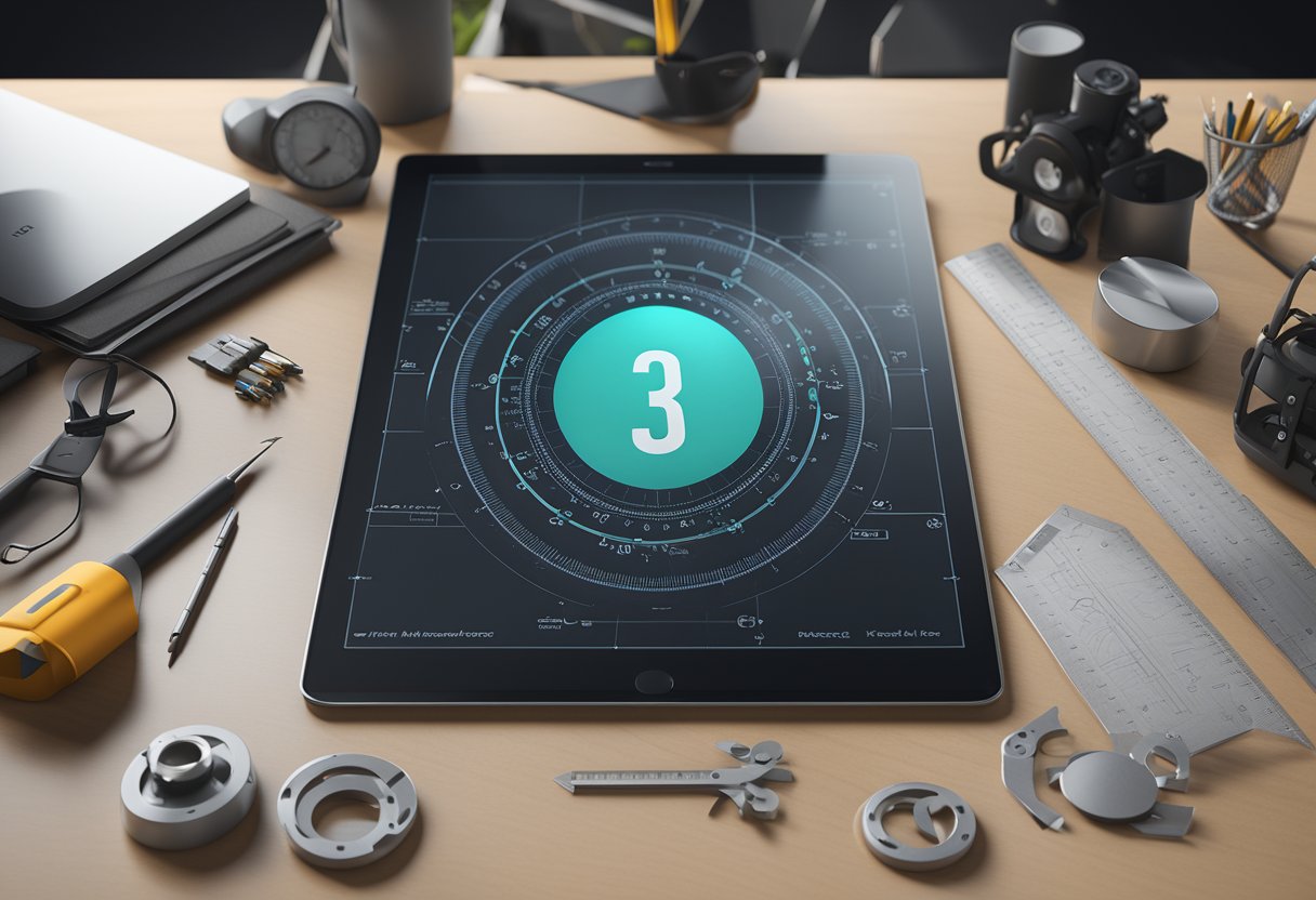 A computer screen displays the MeasureMind 3D logo with a stylized ruler and protractor, surrounded by various 3D measurement tools and icons