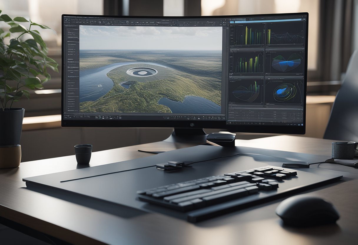 A computer monitor displaying spatialanalyzer metrology software with a stylus and keyboard on a clean desk