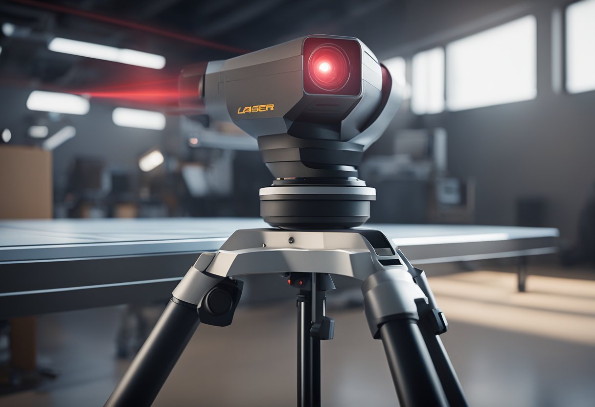 A laser tracker sits on a tripod, scanning the surrounding environment. The device emits a bright red laser beam, capturing precise measurements for metrology purposes