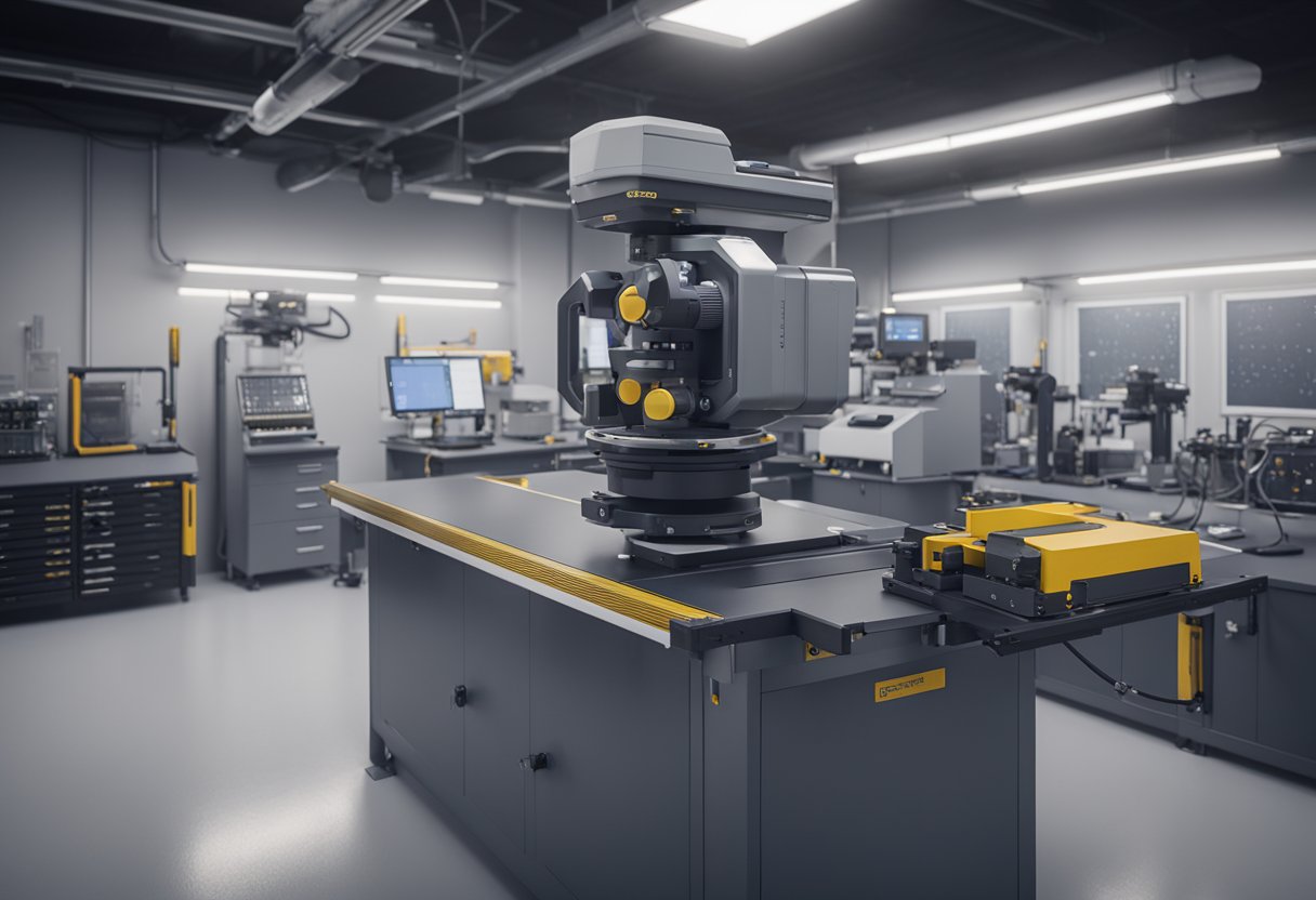 A laser tracker measures precise dimensions in a metrology lab, with various instruments and equipment present