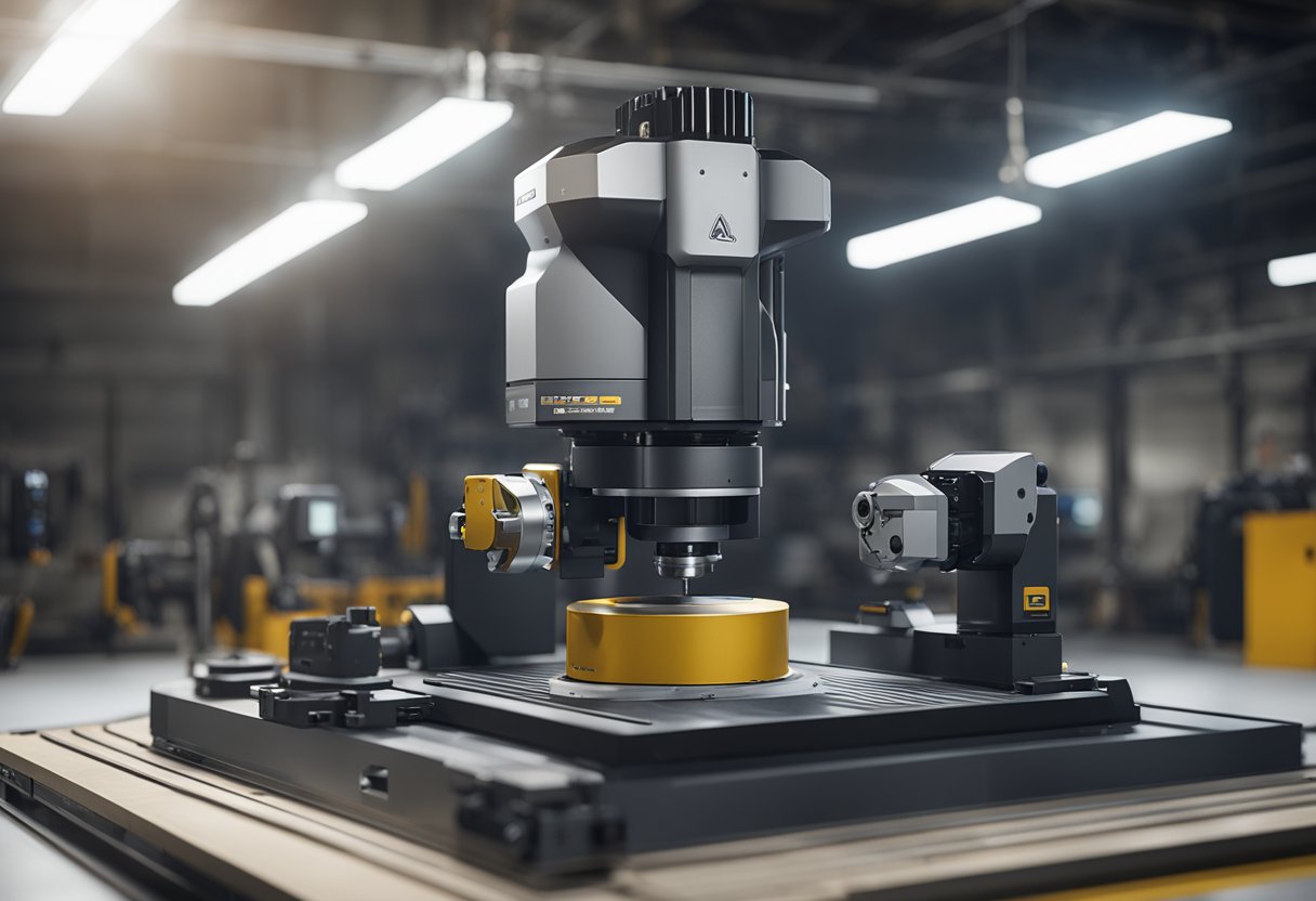 A laser tracker and an API metrology tool are set up side by side in a clean, well-lit workshop. The laser tracker is pointed at a large, intricate machine part, while the API metrology tool is positioned nearby, ready for use