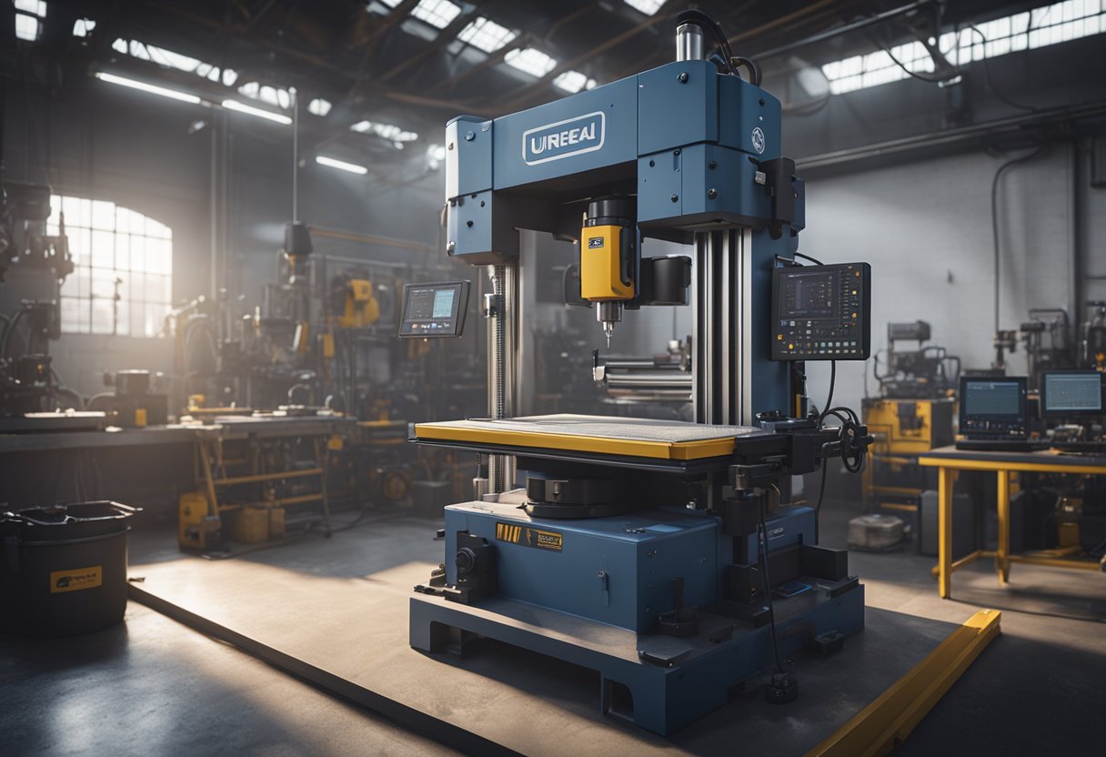 A precision measuring machine stands in a well-lit workshop, surrounded by various tools and equipment for calibrating and inspecting machine tools