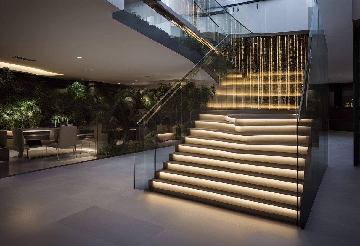 A staircase with LED strip lighting running along the edge of each step