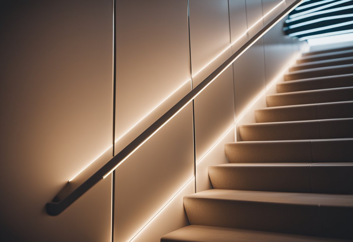 A staircase with LED strips installed along the edge, emitting a soft glow in a dimly lit environment