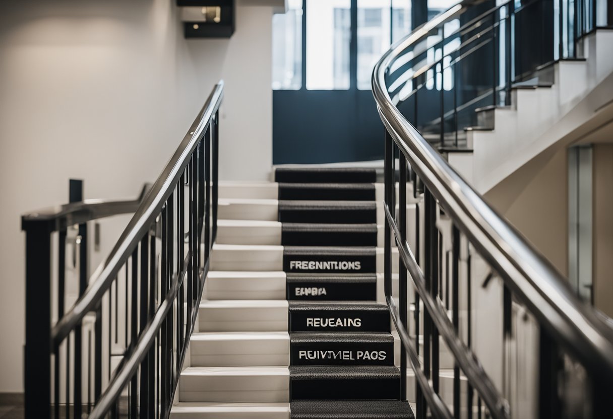 A staircase with a railing, and a clearly marked "Frequently Asked Questions" sign mounted on the wall