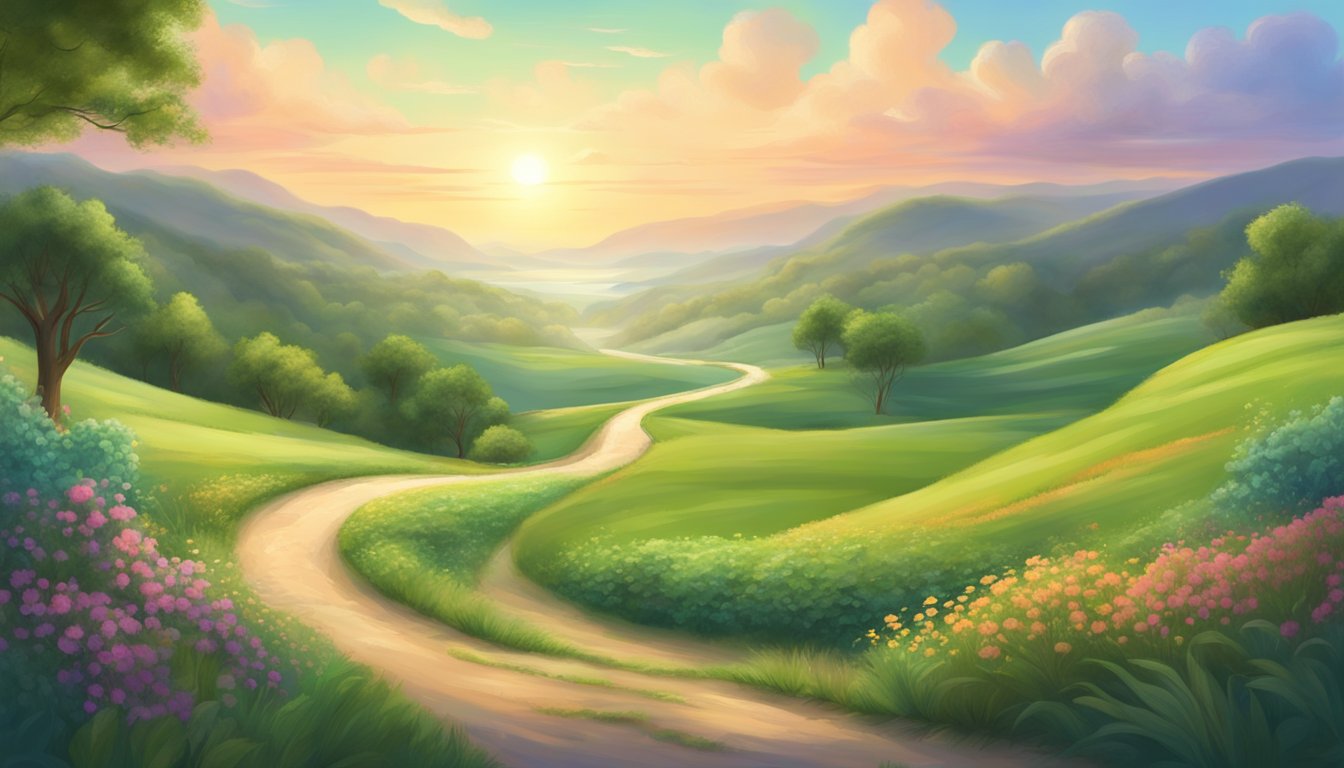 A serene landscape with two distinct paths diverging into the distance, surrounded by lush greenery and a soft, colorful sky