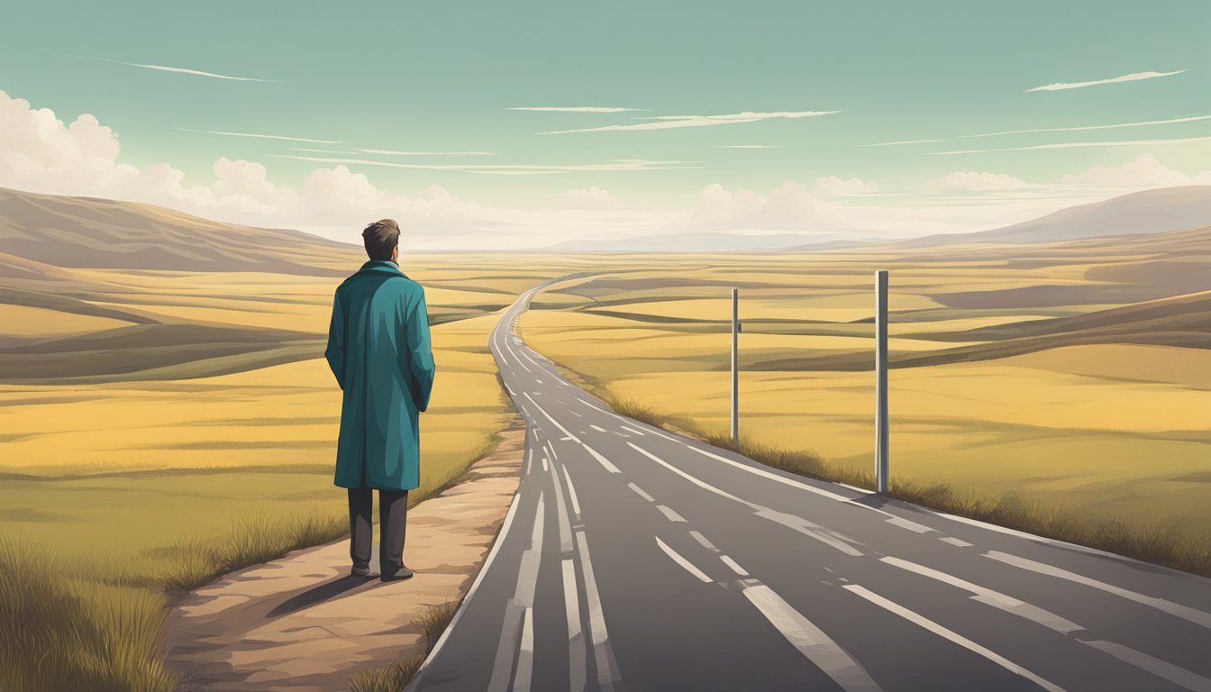 A solitary figure stands at a crossroads, gazing wistfully into the distance. The path ahead splits in different directions, symbolizing the theme of alternate possibilities and missed opportunities