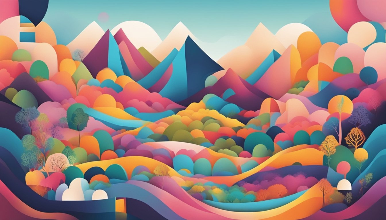 A colorful, abstract landscape with symbols of different cultures merging and overlapping, hinting at the impact of cultural exchange