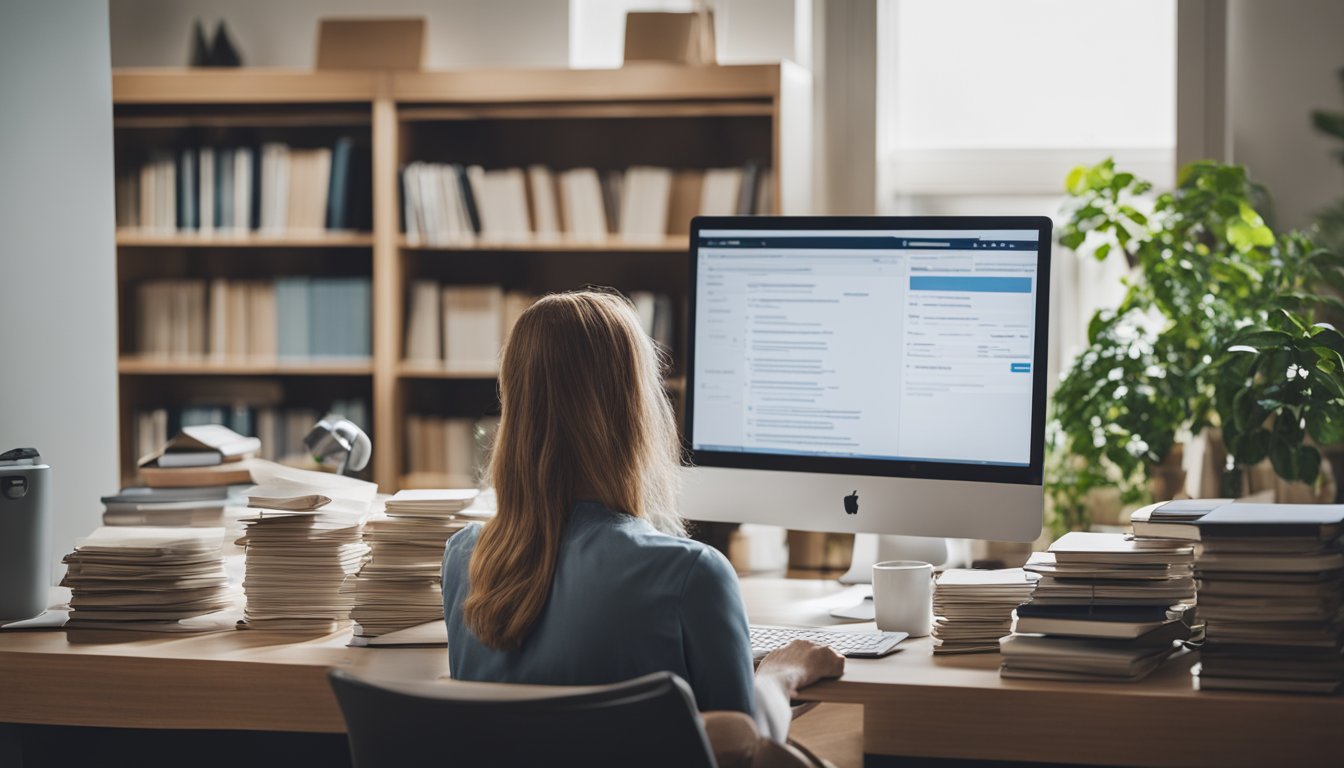 A person sitting at a desk with a computer, surrounded by books and papers. They are researching and preparing for allergy season