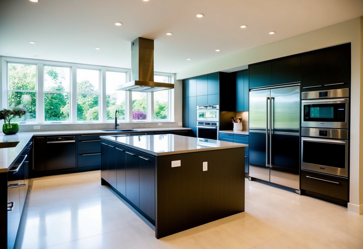 A modern kitchen with sleek countertops, stainless steel appliances, and a large island as the focal point. Natural light floods in from the windows, illuminating the space