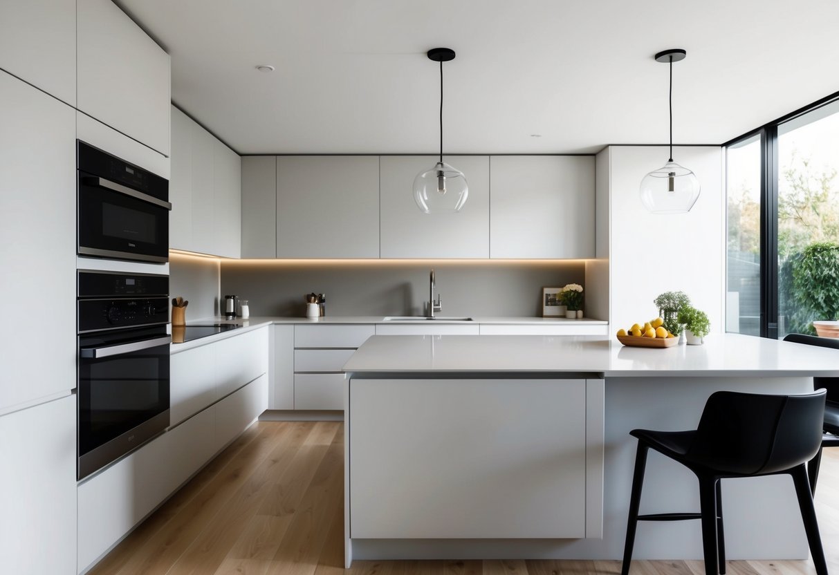 A sleek, minimalist kitchen with clean lines, integrated appliances, and ample natural light. A neutral color palette with pops of color in the backsplash and accessories