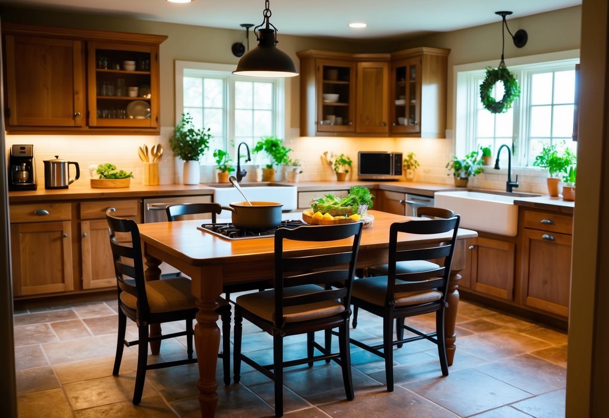 A cozy kitchen with warm lighting, a farmhouse sink, and a large wooden dining table surrounded by comfortable chairs. A pot of soup simmers on the stove, and fresh herbs and produce are displayed on the countertops