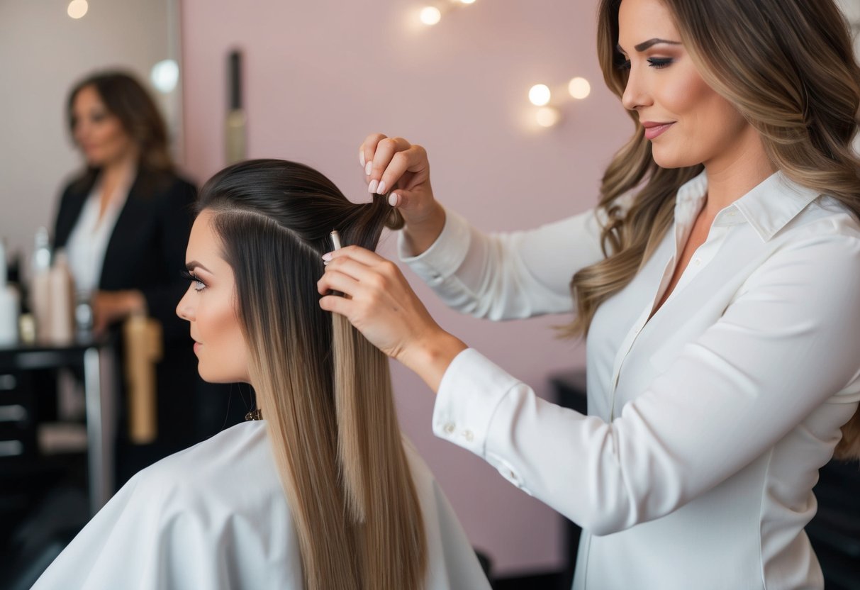 A stylist carefully applies hair extensions using the least damaging method, considering quality and technique