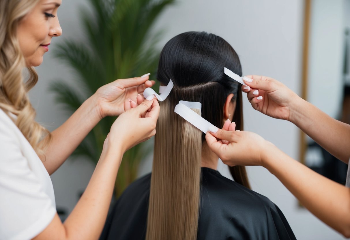 A stylist carefully selects tape extensions for a client's hair type, ensuring a seamless and natural look