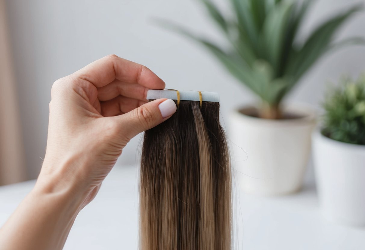 A hand holding a strand of hair with tape-in extensions being gently removed. The natural hair is visible underneath, showing growth