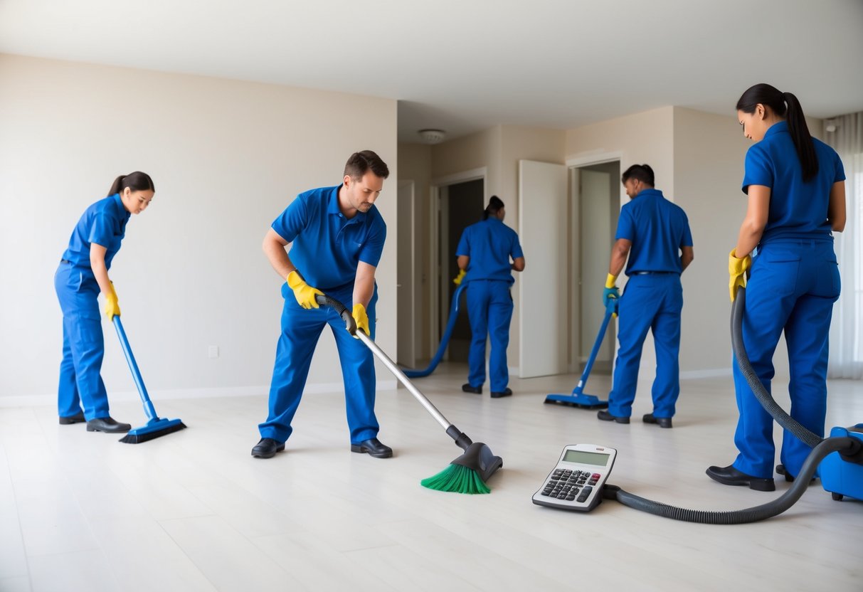 A cleaning crew is seen tidying up a spacious, empty apartment. They meticulously dust, vacuum, and scrub surfaces, leaving the space spotless. A calculator sits nearby, indicating the cost of the move-out cleaning service