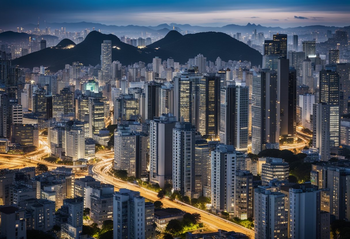 A bustling Brazilian city skyline with financial buildings and stock market activity, showcasing the impact of the Economic Freedom Act on Brazilian funds