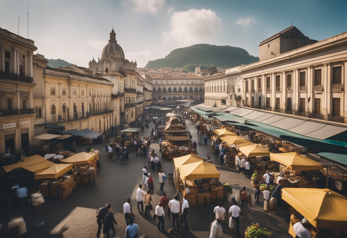 A bustling Brazilian marketplace, with traders and merchants exchanging goods and money, surrounded by a backdrop of historical landmarks and government buildings