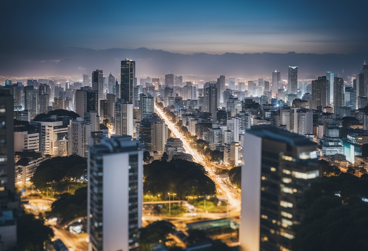 A bustling Brazilian city skyline with modern office buildings and financial institutions, surrounded by bustling streets and busy commercial districts