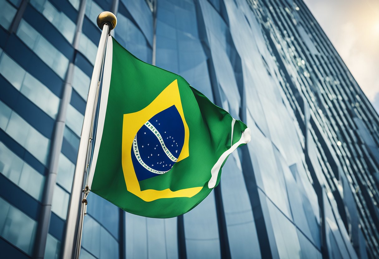 A Brazilian flag flies in front of a modern office building. A chart shows an upward trend. A globe and currency symbols are in the background