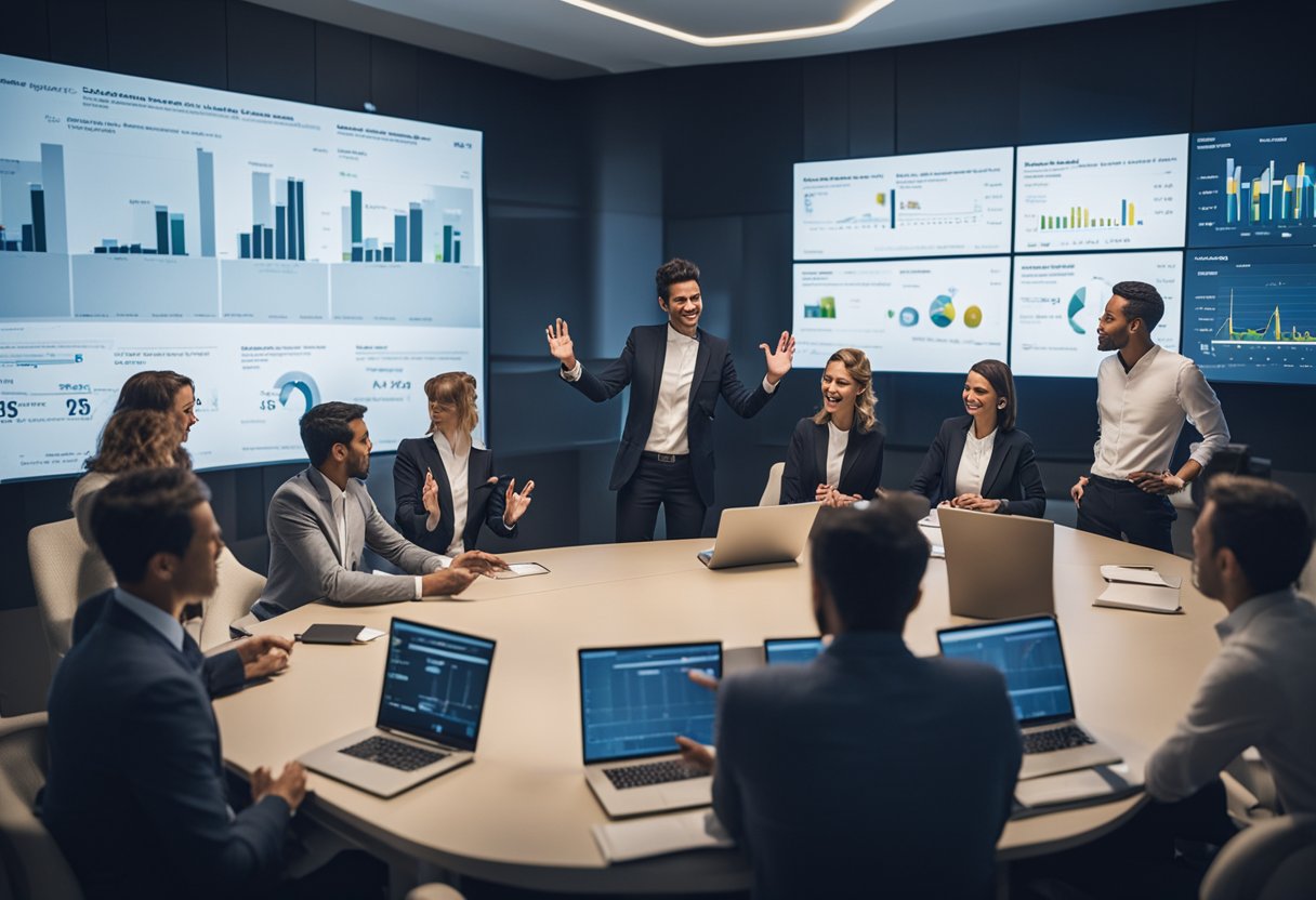 A group of people engaged in a lively debate, gesturing and discussing the impact of the Economic Freedom Act on Brazilian funds. Charts and graphs displayed in the background show future projections