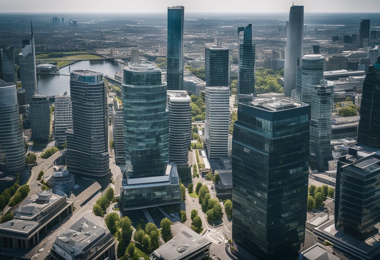 A bustling financial district with modern office buildings and a mix of traditional Dutch architecture, showcasing the growth and innovation in the Dutch investment fund sector