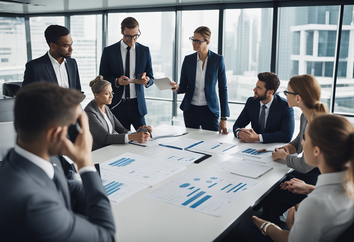 A group of officials discussing new regulations in a modern office setting. Documents and charts are spread out on a conference table