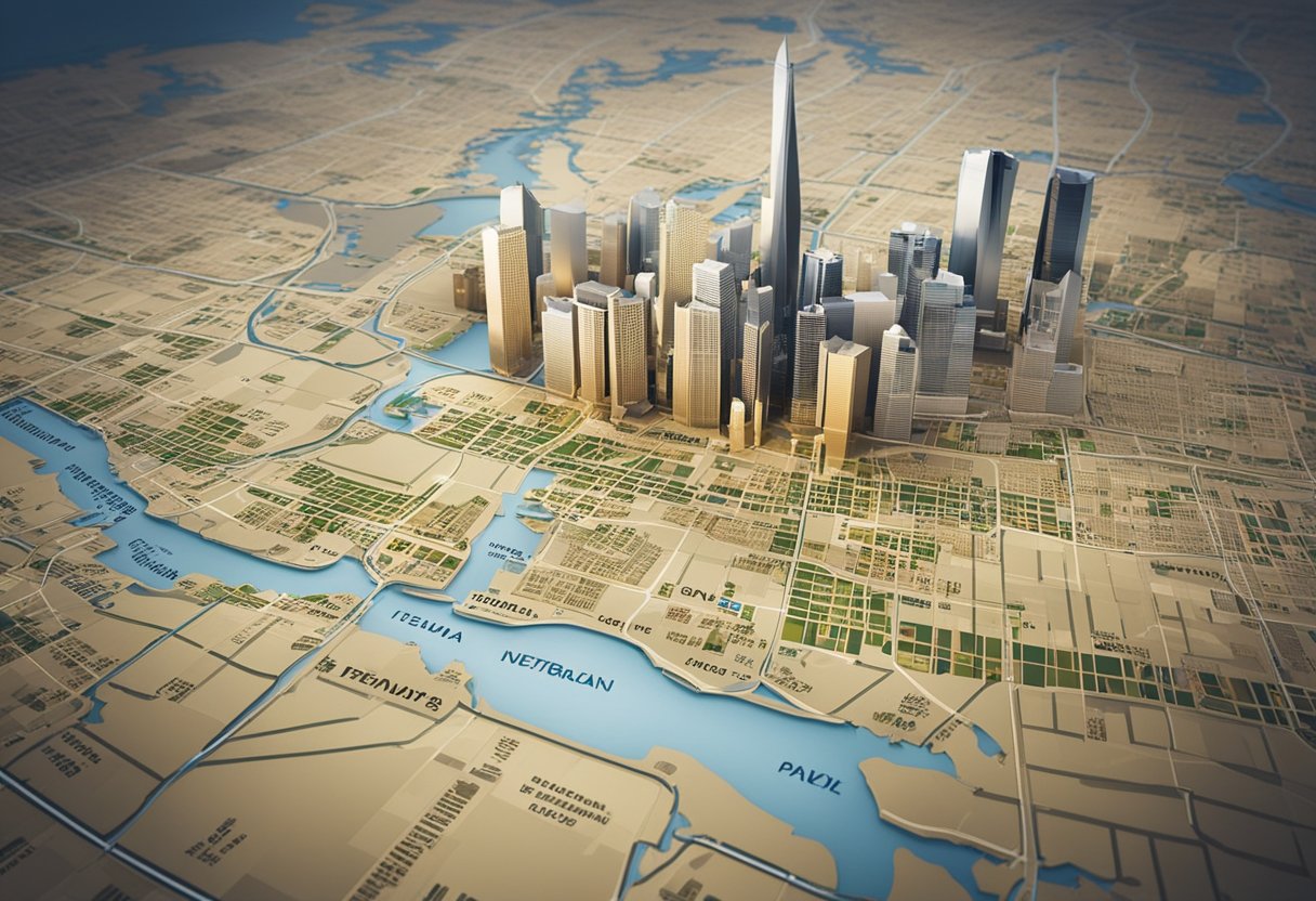 A bustling financial market with graphs, charts, and various investment funds. A map of the Netherlands highlights key developments in the investment fund sector