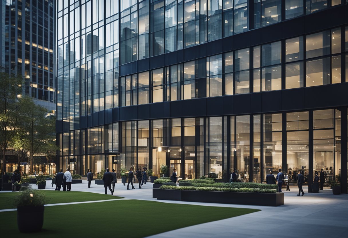 A bustling financial district with modern office buildings and a network of professionals engaging in meetings and discussions