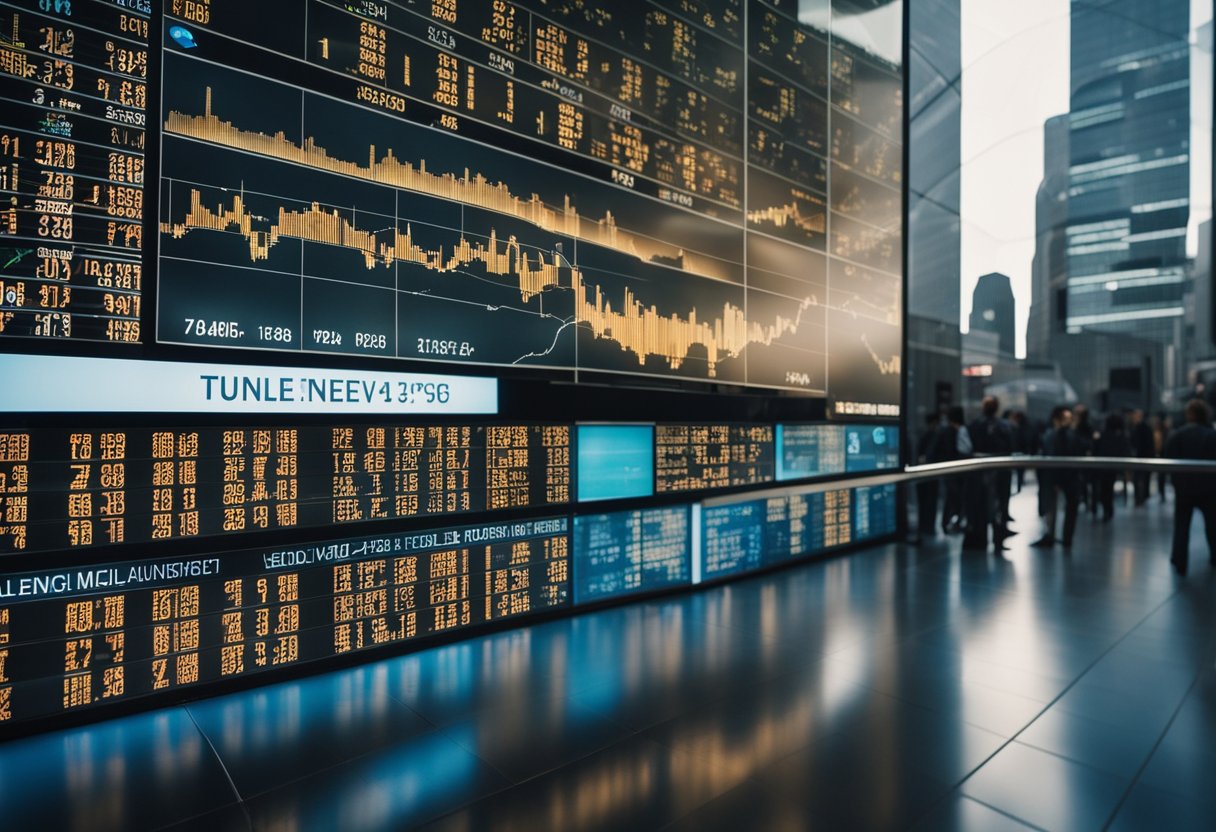 A bustling financial district with modern buildings and electronic screens displaying stock market data