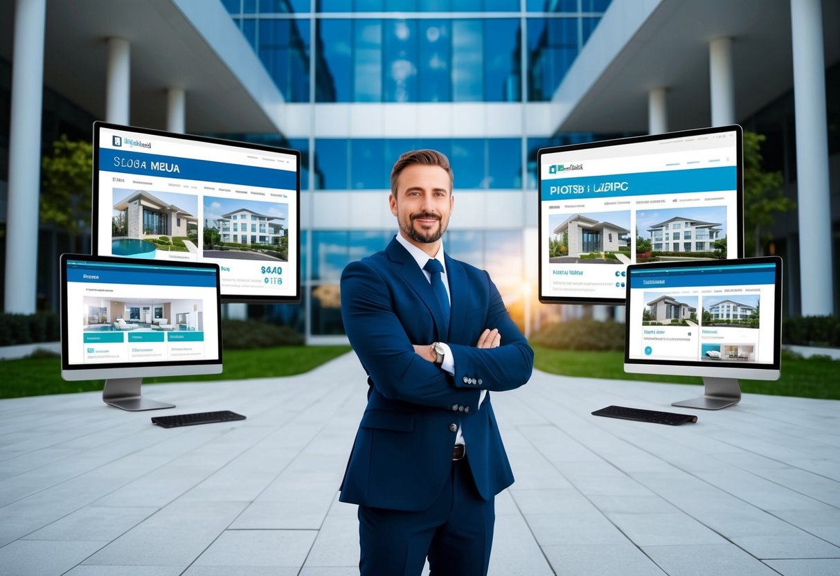 A modern real estate agent standing in front of a sleek office building, surrounded by digital screens displaying property listings and social media analytics