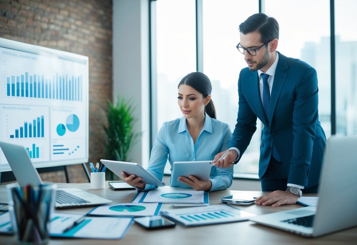 A real estate agent researching market trends, surrounded by charts, graphs, and digital devices in a modern office setting