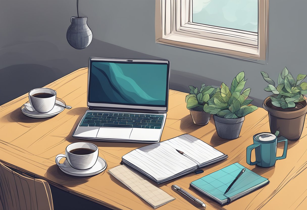 A laptop on a cozy table, with a steaming cup of coffee and a notepad filled with scribbled conversation starters