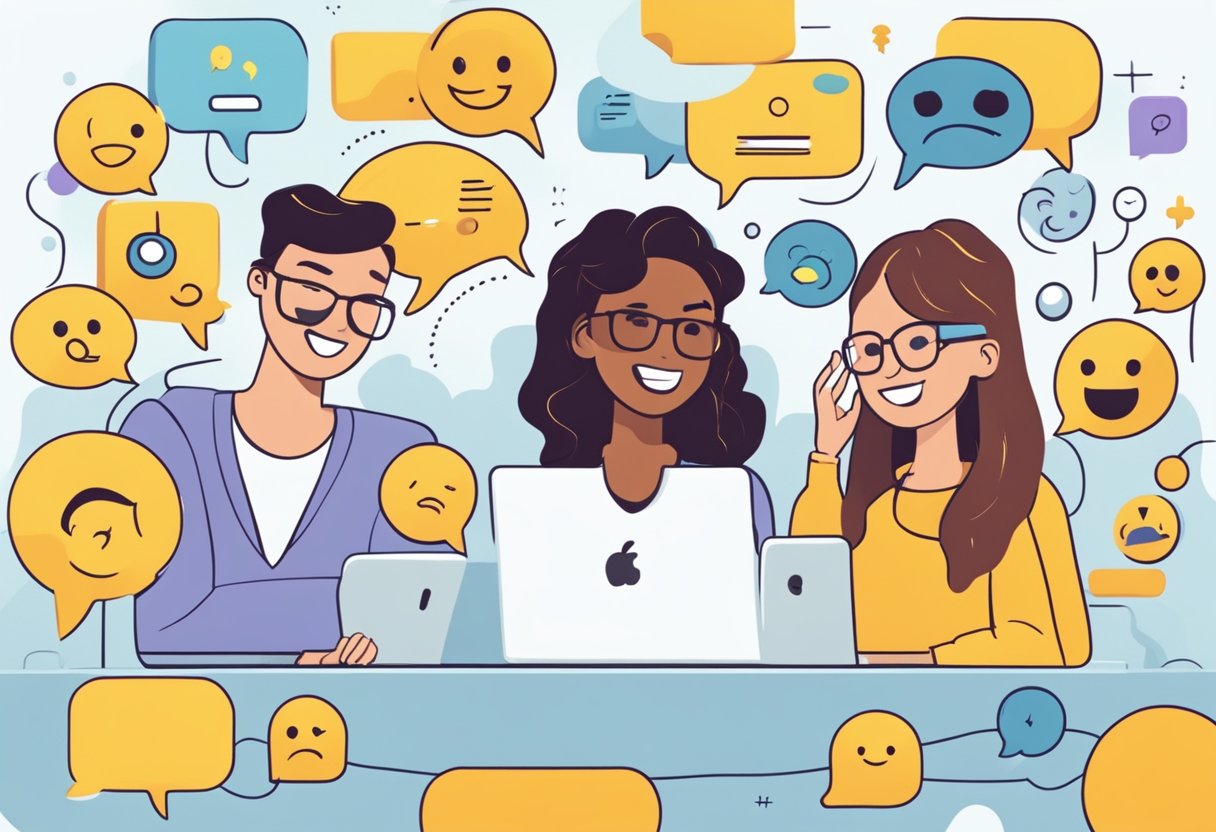 Two people engaging in an animated conversation online, with speech bubbles and emojis floating above their heads