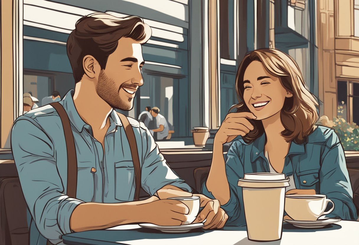 Two people sit at a cafe table, sipping coffee. One person gestures animatedly while the other listens intently, nodding and smiling. The atmosphere is relaxed and friendly