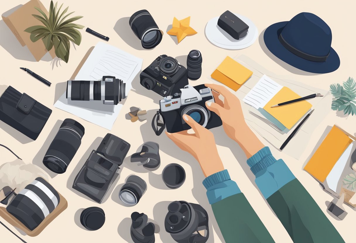 A person holding a camera, surrounded by various props and outfits. They are carefully selecting and arranging items for a photoshoot