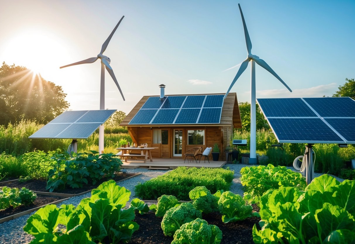 Eine gemütliche, netzunabhängige Hütte, umgeben von Sonnenkollektoren, Windkraftanlagen und einem üppigen Gemüsegarten. Die Sonne scheint und die Kabine wird vollständig mit erneuerbaren Energiequellen betrieben