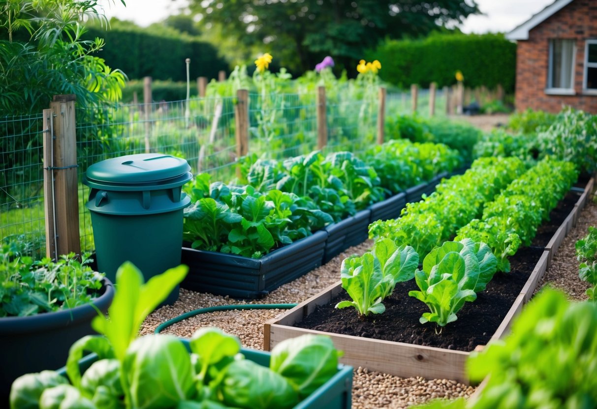 Ein üppiger Garten mit verschiedenen Gemüsesorten, die in ordentlichen Reihen wachsen und von einem Zaun umgeben sind. In der Ecke steht ein kleiner Kompostbehälter und eine Regentonne sammelt Wasser vom Dach eines nahegelegenen Hauses